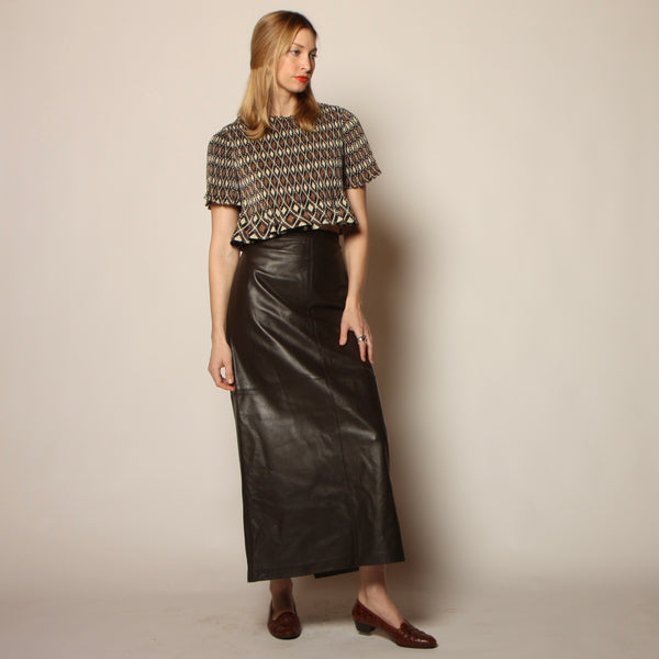 Vintage 90's Ellen Tracy Espresso Leather Maxi Skirt 32