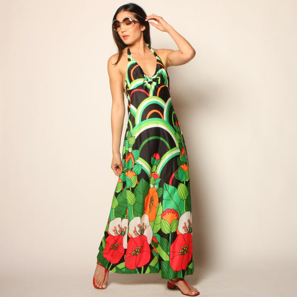 Vintage 60's Jantzen Deco Poppy Floral Halter Resort Dress Opal Pineapple Vintage 60's Jantzen Deco Poppy Floral Halter Resort Dress Opal Pineapple