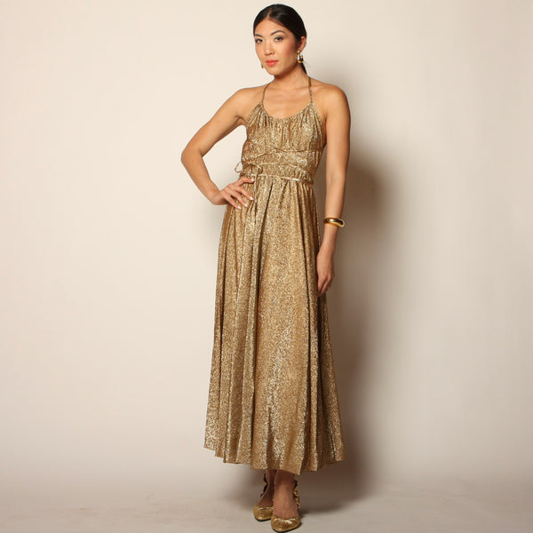 Iconic Vintage 70's Halston Metallic Gold Silk Halter Dress Iconic Vintage 70's Halston Metallic Gold Silk Halter Dress