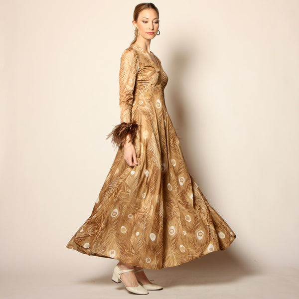 Vintage 70's Peacock Feather Print Maribou Cuffs Maxi Dress Opal Pineapple Vintage 70's Peacock Feather Print Maribou Cuffs Maxi Dress Opal Pineapple