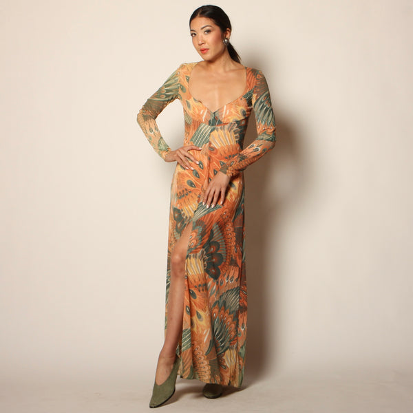 Vintage 70's John Kloss for Cira Peacock Feathers Maxi Dress Opal Pineapple Vintage 70's John Kloss for Cira Peacock Feathers Maxi Dress Opal Pineapple