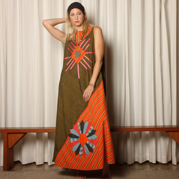 Vintage 70's Handmade Cotton Quilted Applique Maxi Dress Vintage 70's Handmade Cotton Quilted Applique Maxi Dress