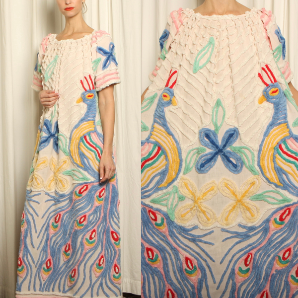 Vintage 50's Chenille Peacocks Draped Hostess Maxi Dress
