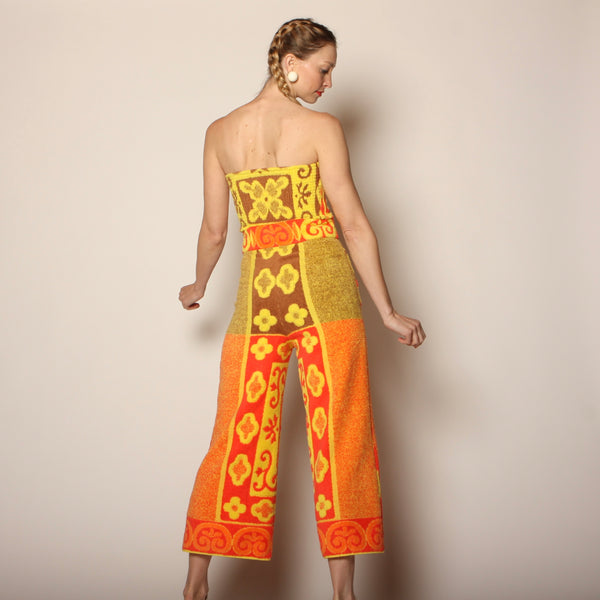 60's Tiki Floral Cotton Towel Pants + Zip Bandeau Set