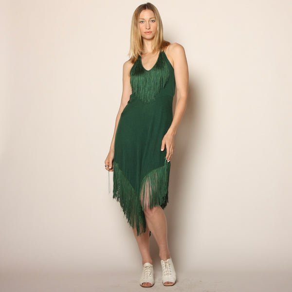 Vintage 70's Emerald Fringed Halter Dress + Top Set