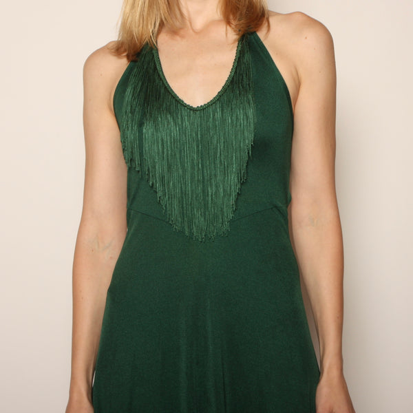 Vintage 70's Emerald Fringed Halter Dress + Top Set