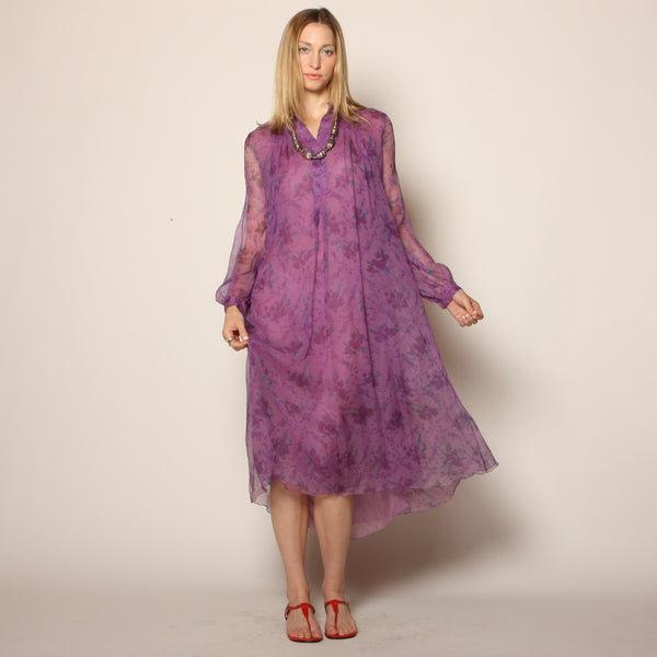 Vintage 70's India Block Print Floral Silk Midi Dress
