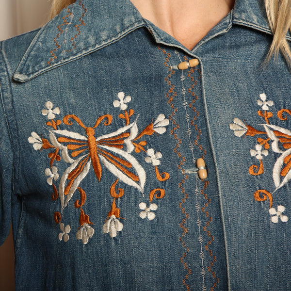 Vintage 70's Denim Embroidered Butterflies Chore Jacket