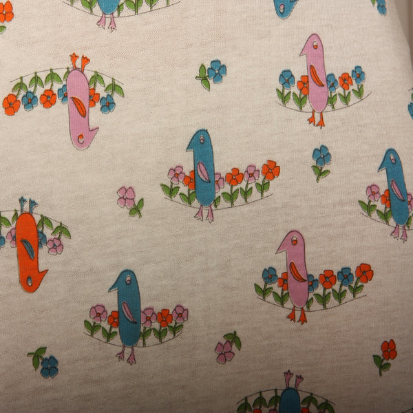 Vintage 70's Bird + Flower Print Soft Knit Bodycon Tee Dress