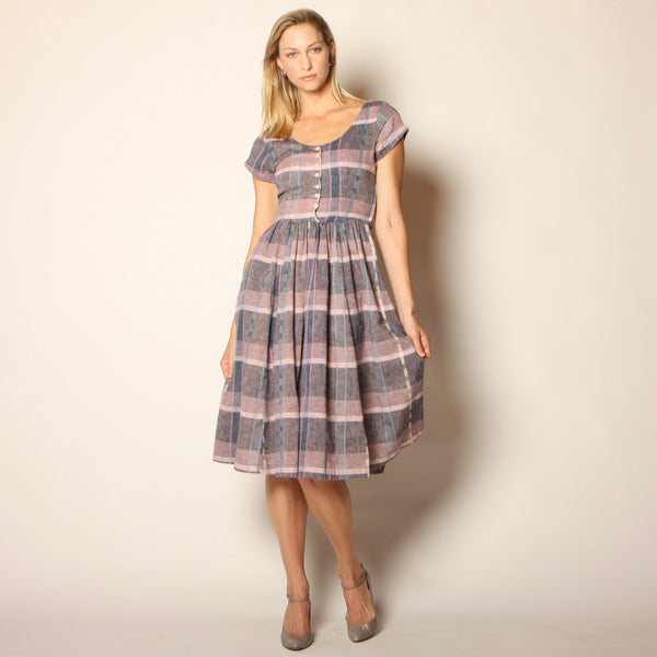 Vintage 80's does 50's Blush + Gray Plaid Midi Dress