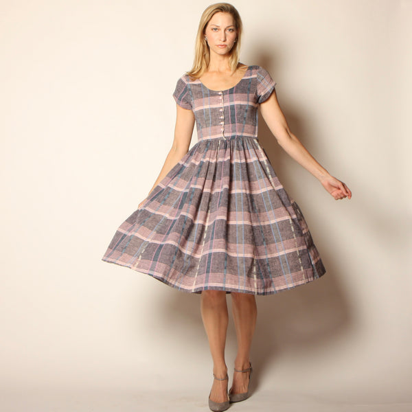 Vintage 80's does 50's Blush + Gray Plaid Midi Dress