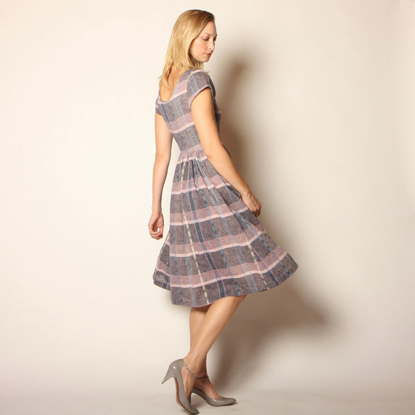 Vintage 80's does 50's Blush + Gray Plaid Midi Dress