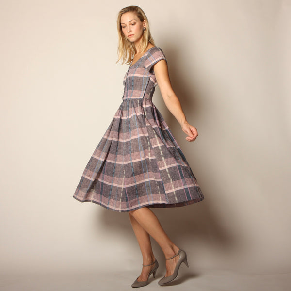 Vintage 80's does 50's Blush + Gray Plaid Midi Dress