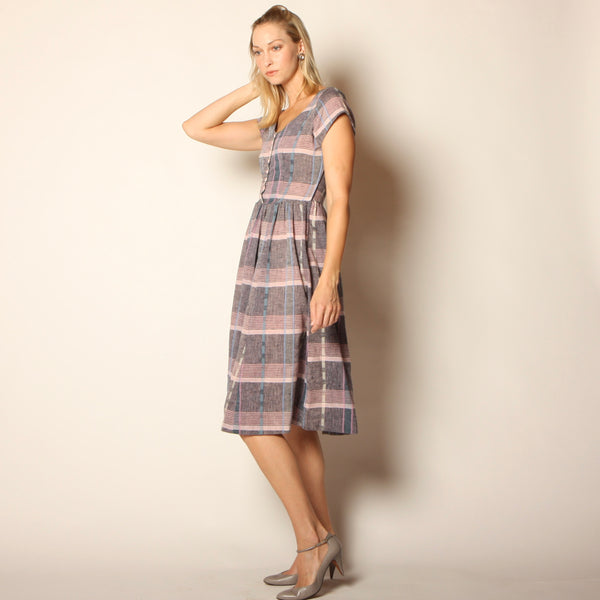 Vintage 80's does 50's Blush + Gray Plaid Midi Dress