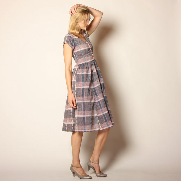 Vintage 80's does 50's Blush + Gray Plaid Midi Dress