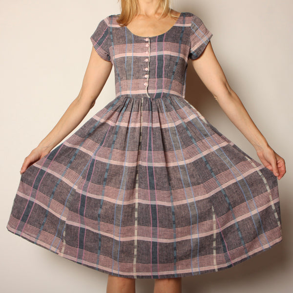 Vintage 80's does 50's Blush + Gray Plaid Midi Dress