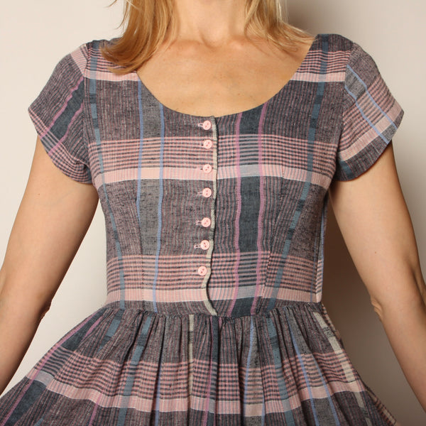 Vintage 80's does 50's Blush + Gray Plaid Midi Dress