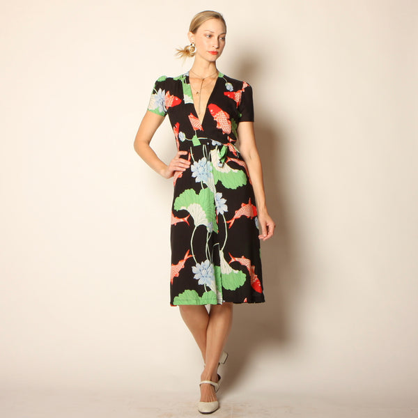 Vintage 70's does 40's Gingko Leaf + Koi Print Wrap Dress