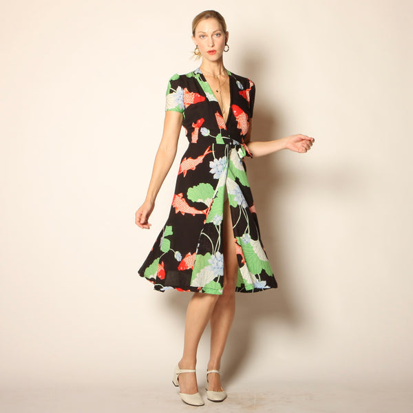 Vintage 70's does 40's Gingko Leaf + Koi Print Wrap Dress