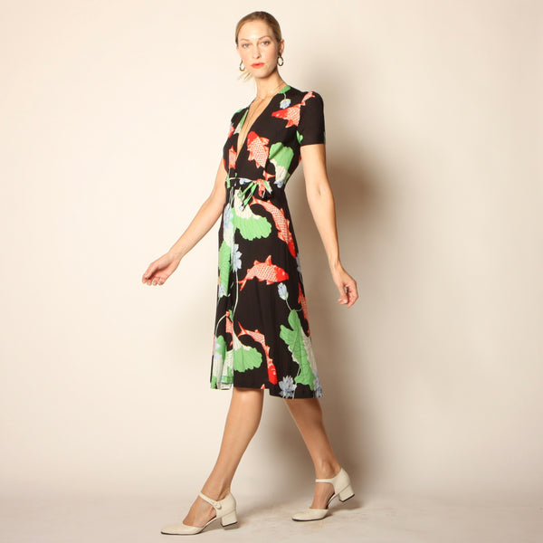 Vintage 70's does 40's Gingko Leaf + Koi Print Wrap Dress