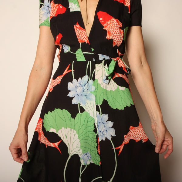 Vintage 70's does 40's Gingko Leaf + Koi Print Wrap Dress