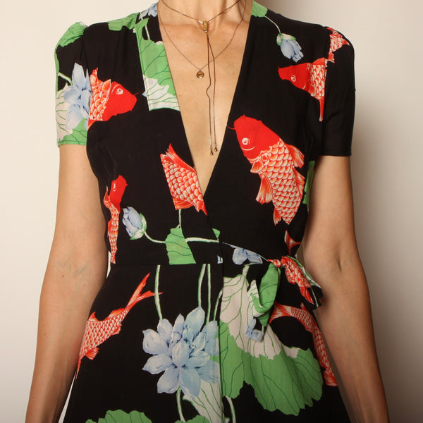 Vintage 70's does 40's Gingko Leaf + Koi Print Wrap Dress