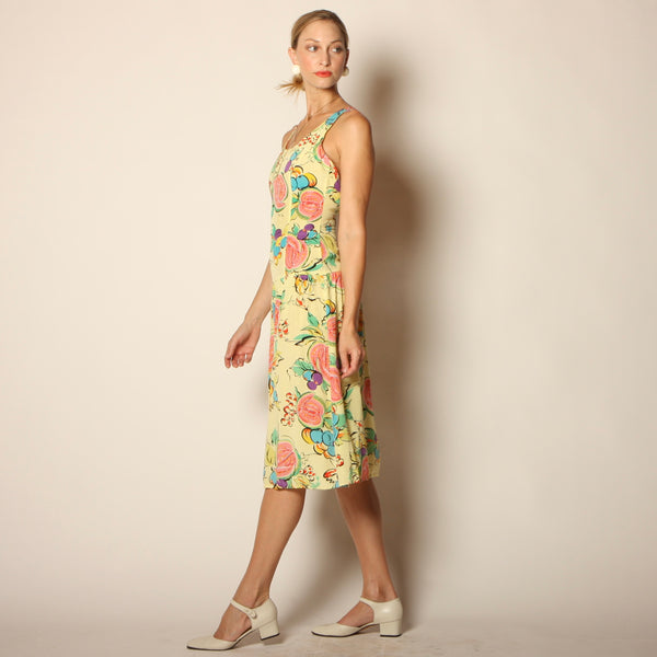 Vintage 80's Fruit Print Rayon Cross-Back Midi Dress