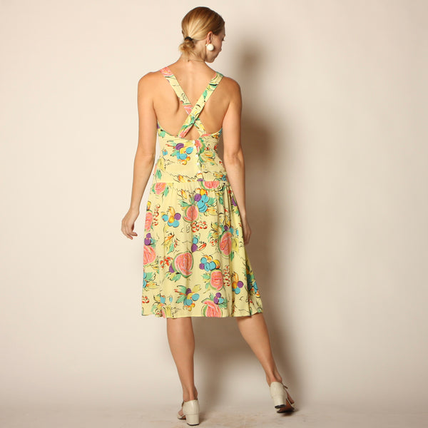 Vintage 80's Fruit Print Rayon Cross-Back Midi Dress