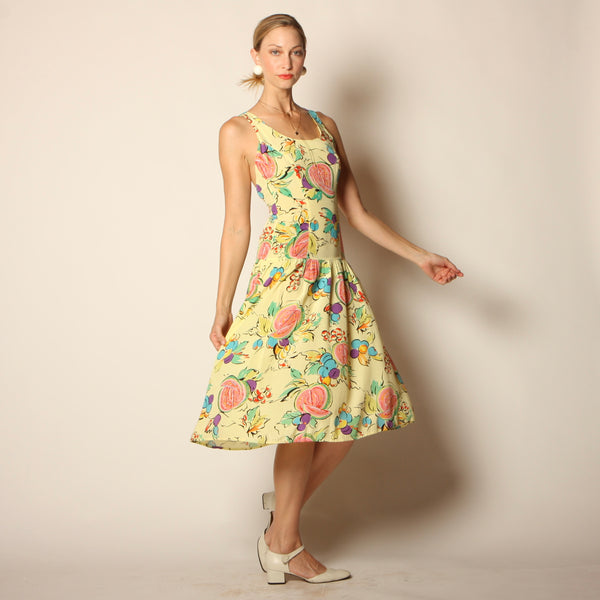 Vintage 80's Fruit Print Rayon Cross-Back Midi Dress