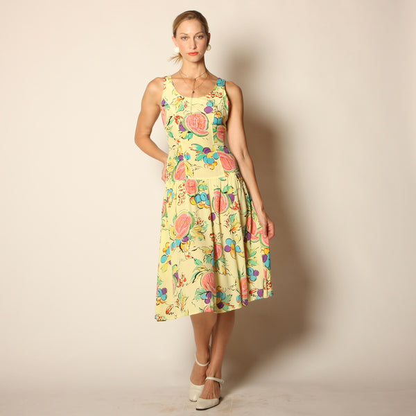 Vintage 80's Fruit Print Rayon Cross-Back Midi Dress