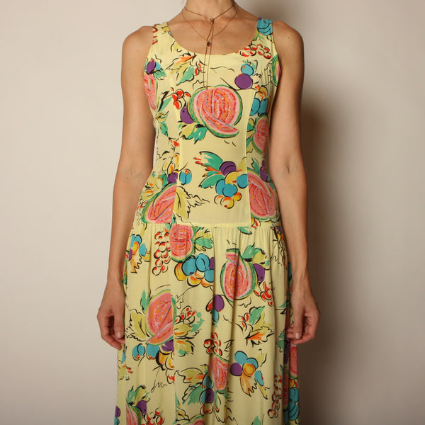 Vintage 80's Fruit Print Rayon Cross-Back Midi Dress