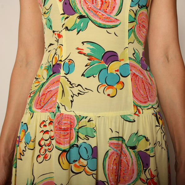 Vintage 80's Fruit Print Rayon Cross-Back Midi Dress