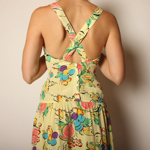 Vintage 80's Fruit Print Rayon Cross-Back Midi Dress