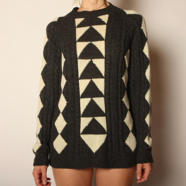 Vintage Hand Knit Op-Art Geometric Wool Sweater