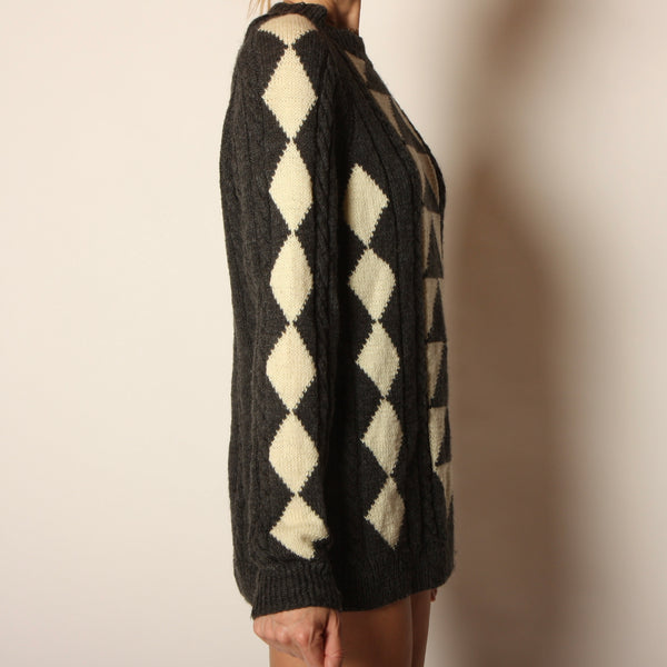 Vintage Hand Knit Op-Art Geometric Wool Sweater