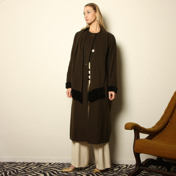 Vintage 80s Geissler Crocodile Green Cashmere + Velvet Duster Coat