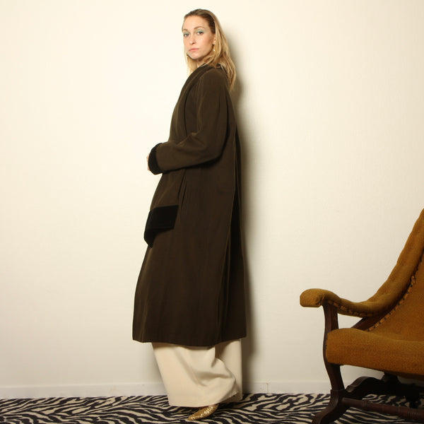 Vintage 80s Geissler Crocodile Green Cashmere + Velvet Duster Coat