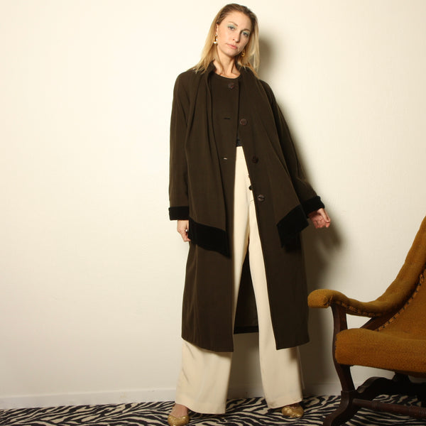 Vintage 80s Geissler Crocodile Green Cashmere + Velvet Duster Coat