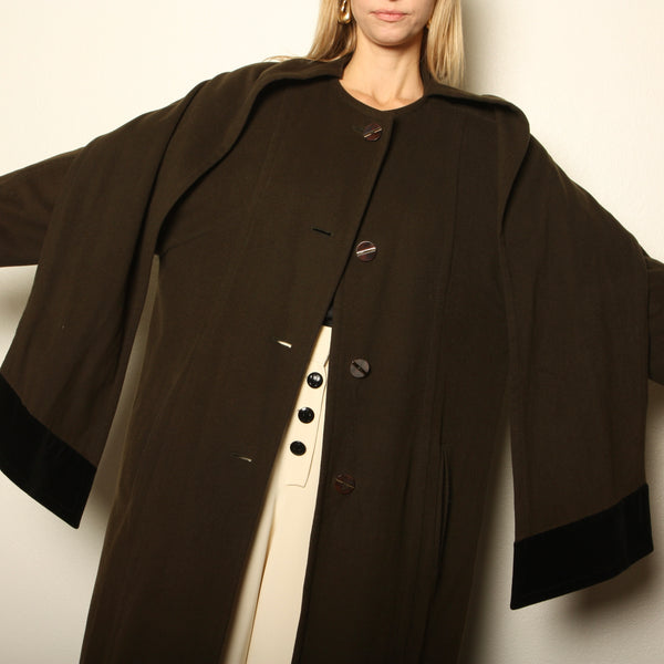 Vintage 80s Geissler Crocodile Green Cashmere + Velvet Duster Coat