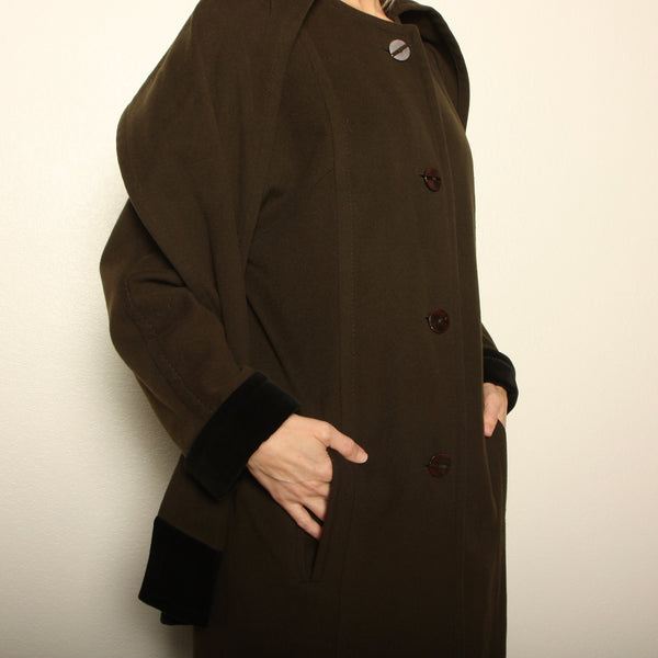 Vintage 80s Geissler Crocodile Green Cashmere + Velvet Duster Coat