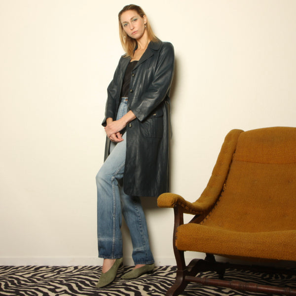 Vintage 70's Leda Spain by Gropper Soft Navy Leather Trench