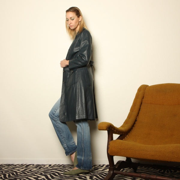 Vintage 70's Leda Spain by Gropper Soft Navy Leather Trench