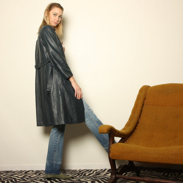Vintage 70's Leda Spain by Gropper Soft Navy Leather Trench