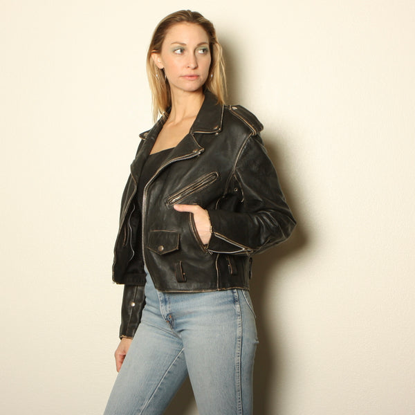 Vintage 80s Classic Distressed Leather Motorcycle Jacket