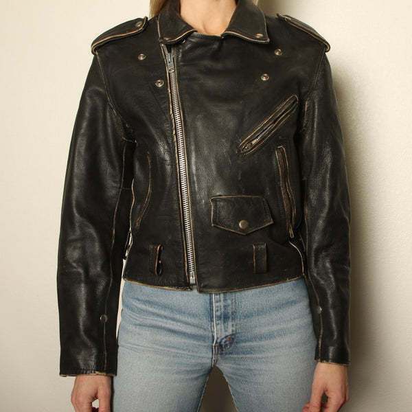Vintage 80s Classic Distressed Leather Motorcycle Jacket