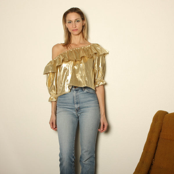 Vintage 80's Gold Lamé Crop Ruffle Pouf Blouse