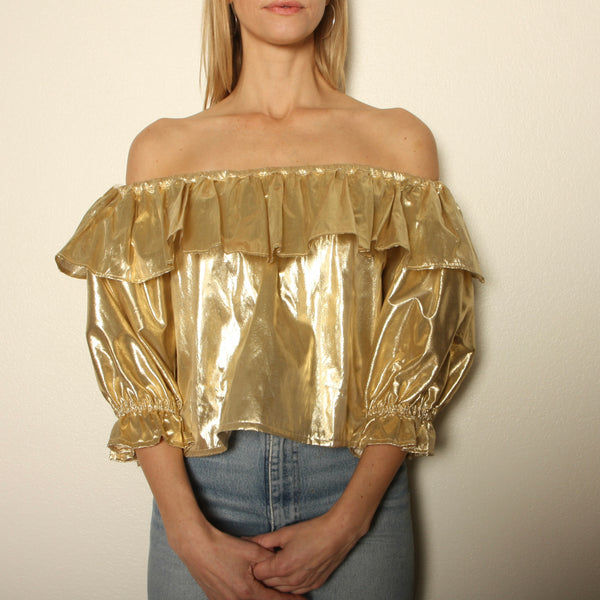 Vintage 80's Gold Lamé Crop Ruffle Pouf Blouse