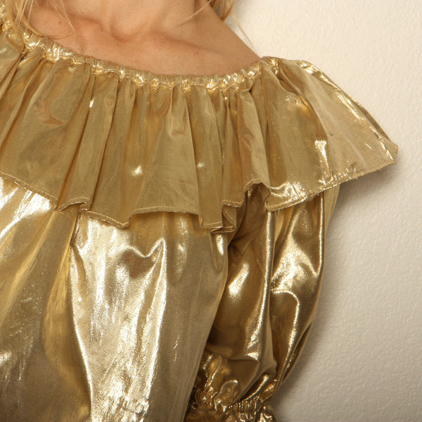 Vintage 80's Gold Lamé Crop Ruffle Pouf Blouse