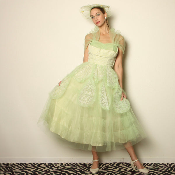 Vintage 50's Honeydew Tulle Sculptural Strapless Party Dress