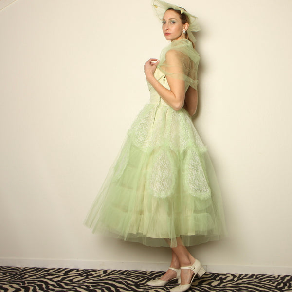 Vintage 50's Honeydew Tulle Sculptural Strapless Party Dress
